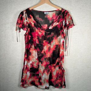 Worthington Sheer Blouse Top Womens Medium Floral Abstract Polyester Boho Y2K